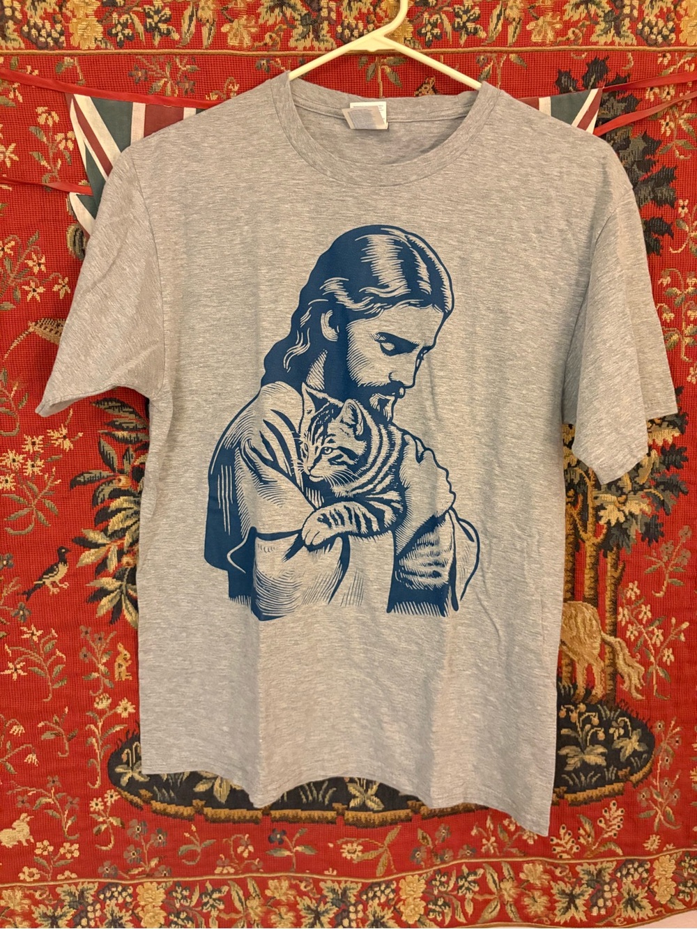 Grey Tee with Blue Graphic Jesus Holding Cat